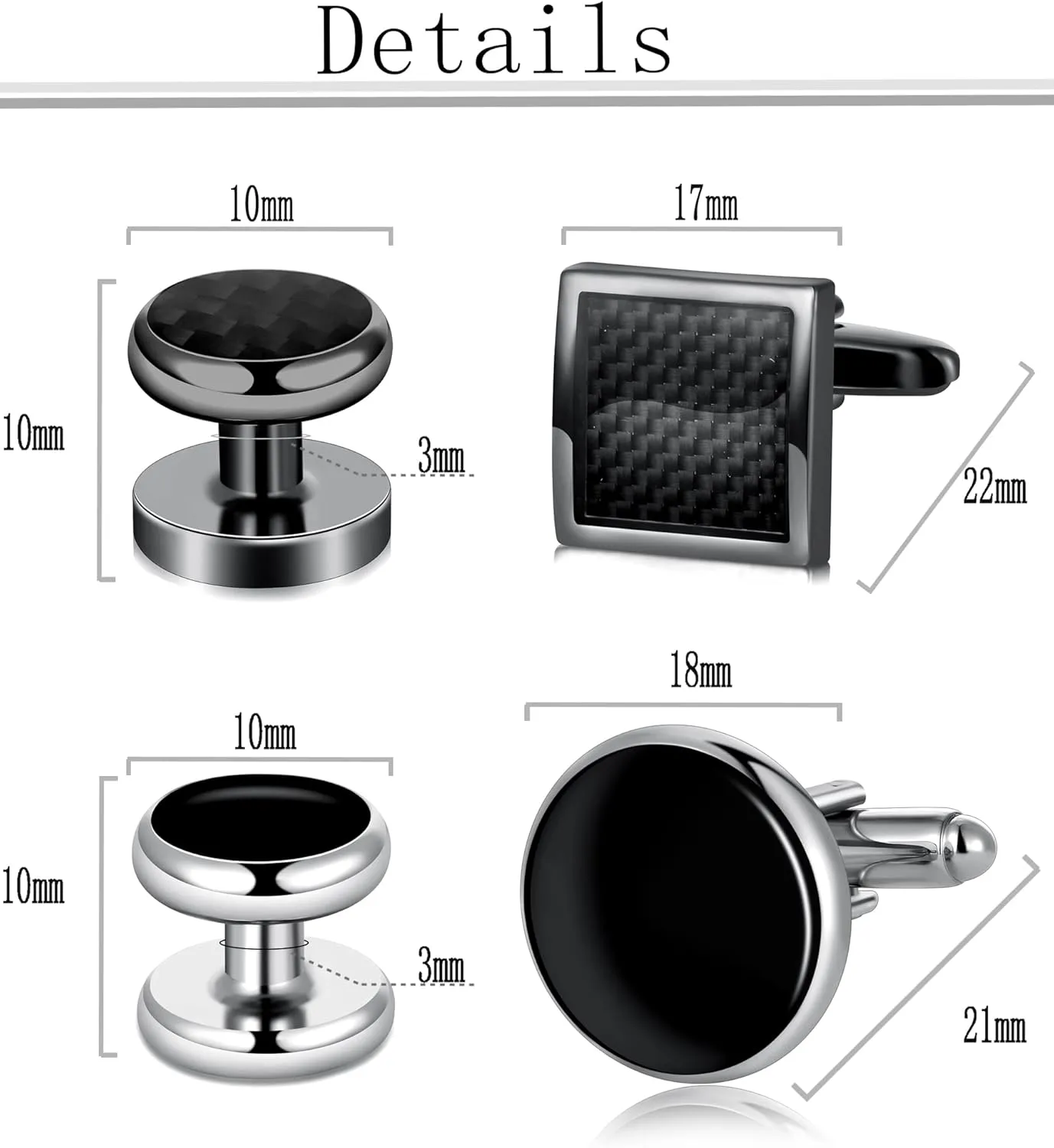 10Pcs Cufflinks for Men Classic Design Carbon Fiber Cufflinks Tuxedo Shirt Stud Set for Wedding Business Birthday Meeting Black Tone Cufflinks