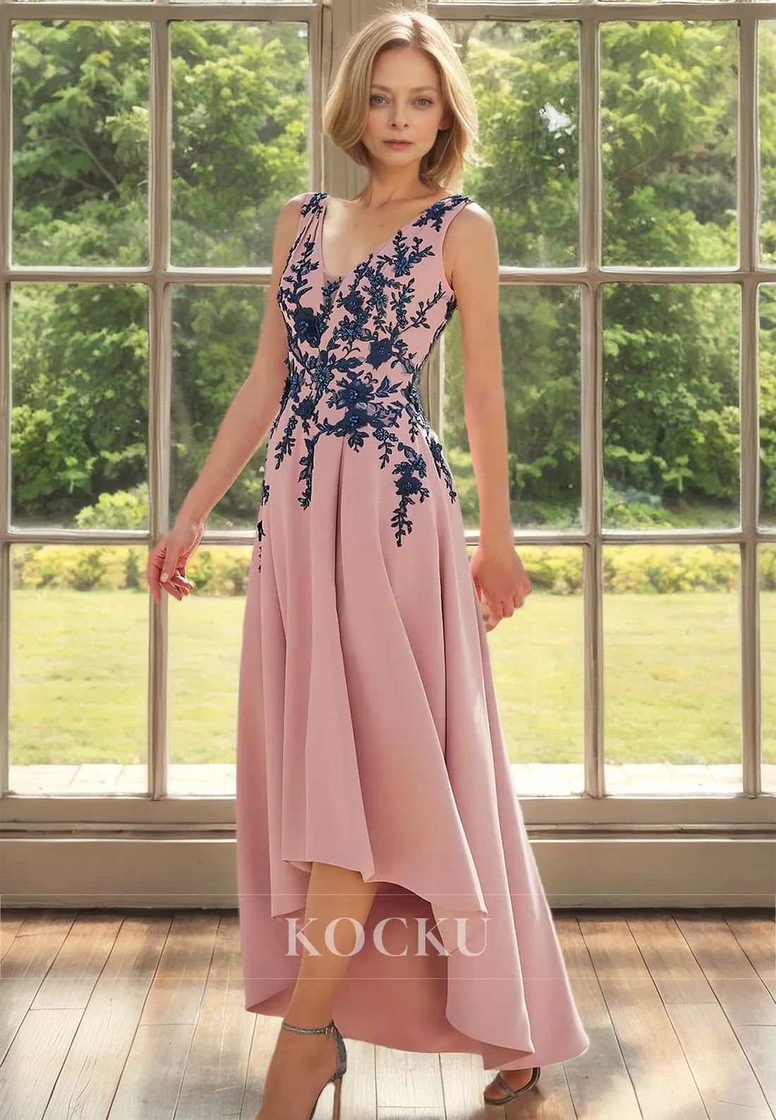 A-Line V-Neck Straps Sleeveless High Low Pleats Satin Cocktail Dress Mother of Groom with Appliques
