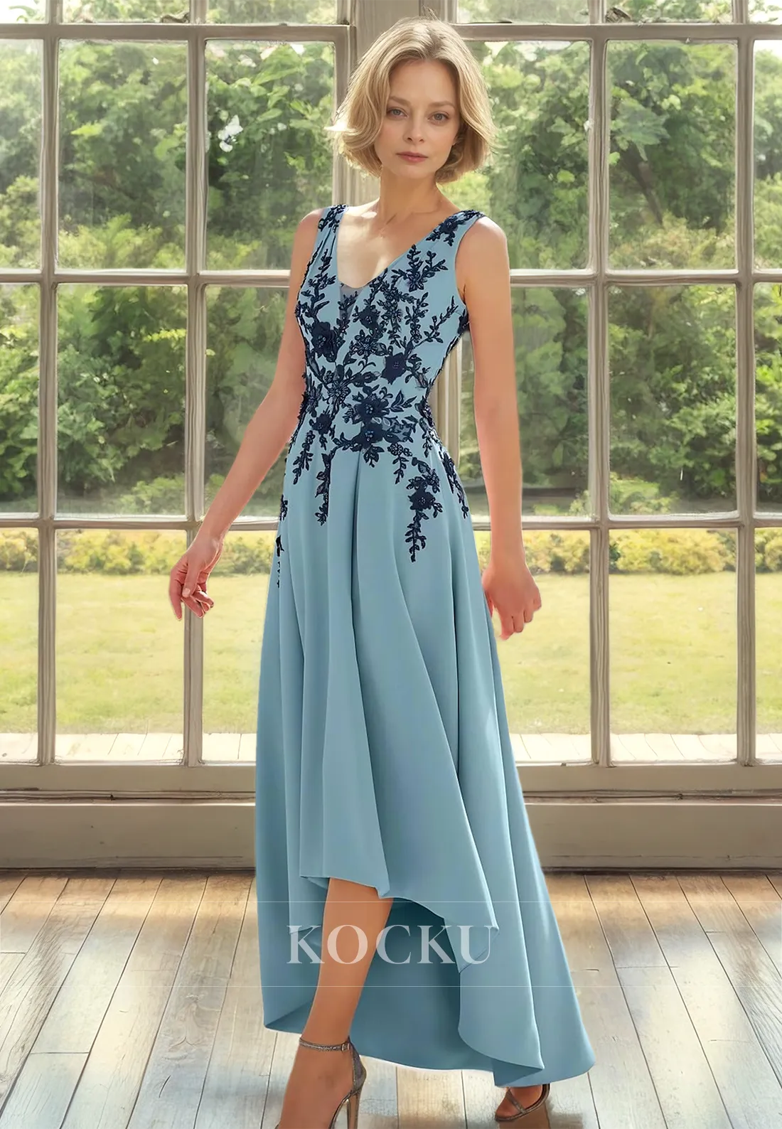 A-Line V-Neck Straps Sleeveless High Low Pleats Satin Cocktail Dress Mother of Groom with Appliques