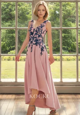 A-Line V-Neck Straps Sleeveless High Low Pleats Satin Cocktail Dress Mother of Groom with Appliques
