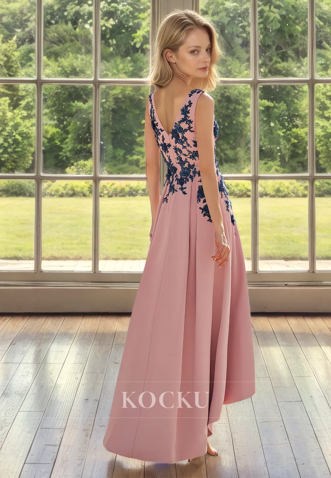 A-Line V-Neck Straps Sleeveless High Low Pleats Satin Cocktail Dress Mother of Groom with Appliques
