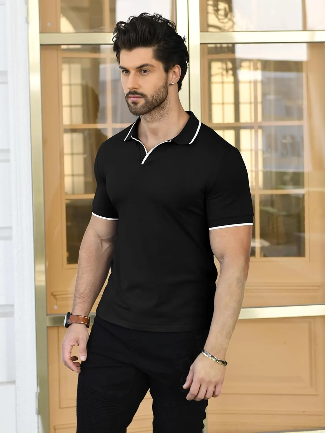 Aiyino Men's Muscle V Neck Polo Shirts Slim Fit Short Sleeve Cotton Golf T-Shirts Ribbed Knit Soft Tees