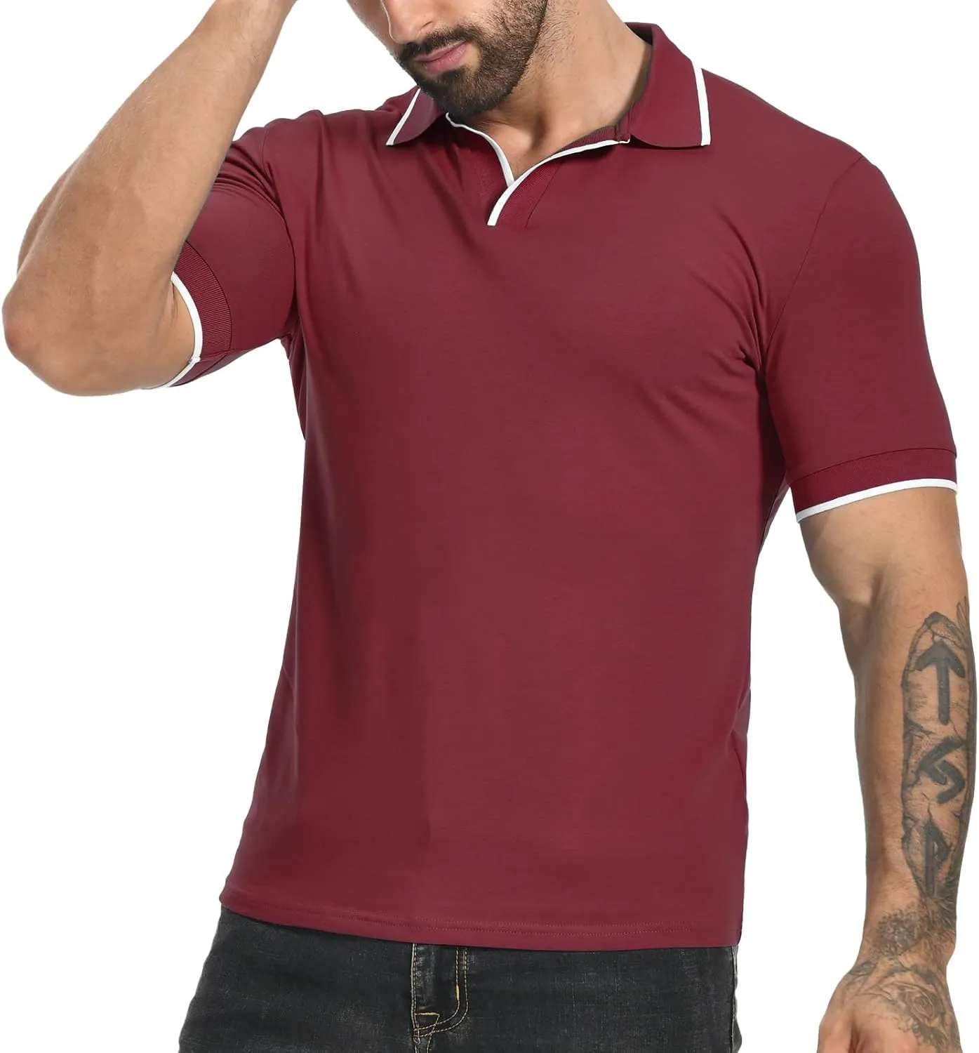 Aiyino Men's Muscle V Neck Polo Shirts Slim Fit Short Sleeve Cotton Golf T-Shirts Ribbed Knit Soft Tees
