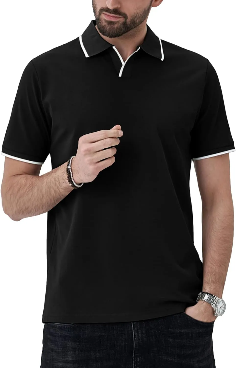 Aiyino Men's Muscle V Neck Polo Shirts Slim Fit Short Sleeve Cotton Golf T-Shirts Ribbed Knit Soft Tees