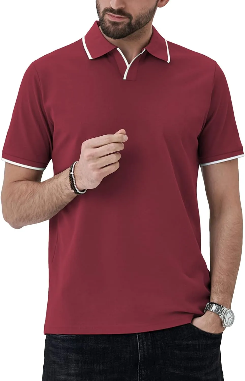 Aiyino Men's Muscle V Neck Polo Shirts Slim Fit Short Sleeve Cotton Golf T-Shirts Ribbed Knit Soft Tees