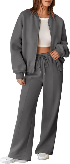 Aleumdr Women's 2 Piece Outfits Oversized Fleece Sweatsuit Zip Up Long Sleeve Sweatshirt with Wide Leg Sweatpants