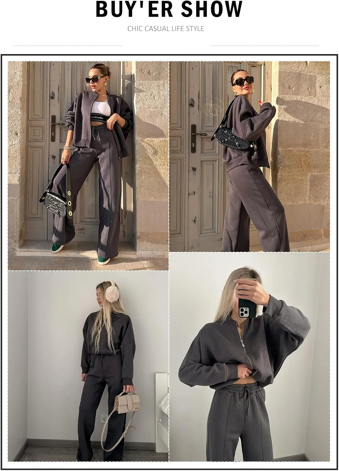 Aleumdr Women's 2 Piece Outfits Oversized Fleece Sweatsuit Zip Up Long Sleeve Sweatshirt with Wide Leg Sweatpants