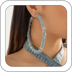 BETHYNAS Boho Denim Circle Hoop Earrings Chunky Cool Fabric Casual Street Style Earrings Exaggerated Round Ear Jewelry for Women and Girls