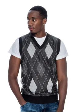 Black-Grey Men's V-Neck Argyle Sweater Vest Knitwear Sleeveless Pullover STYLE-9909