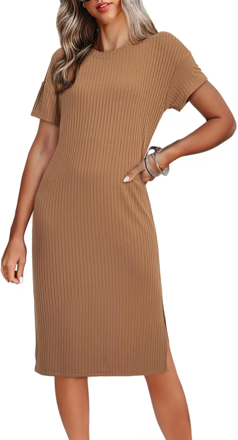 BLENCOT Womens Casual Summer Round Neck Midi Long Dress Short Sleeve Simple Side Split Solid Color Texture Beach Dress