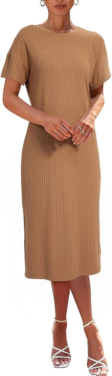 BLENCOT Womens Casual Summer Round Neck Midi Long Dress Short Sleeve Simple Side Split Solid Color Texture Beach Dress