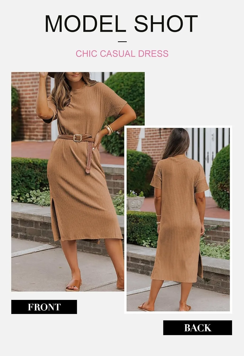 BLENCOT Womens Casual Summer Round Neck Midi Long Dress Short Sleeve Simple Side Split Solid Color Texture Beach Dress