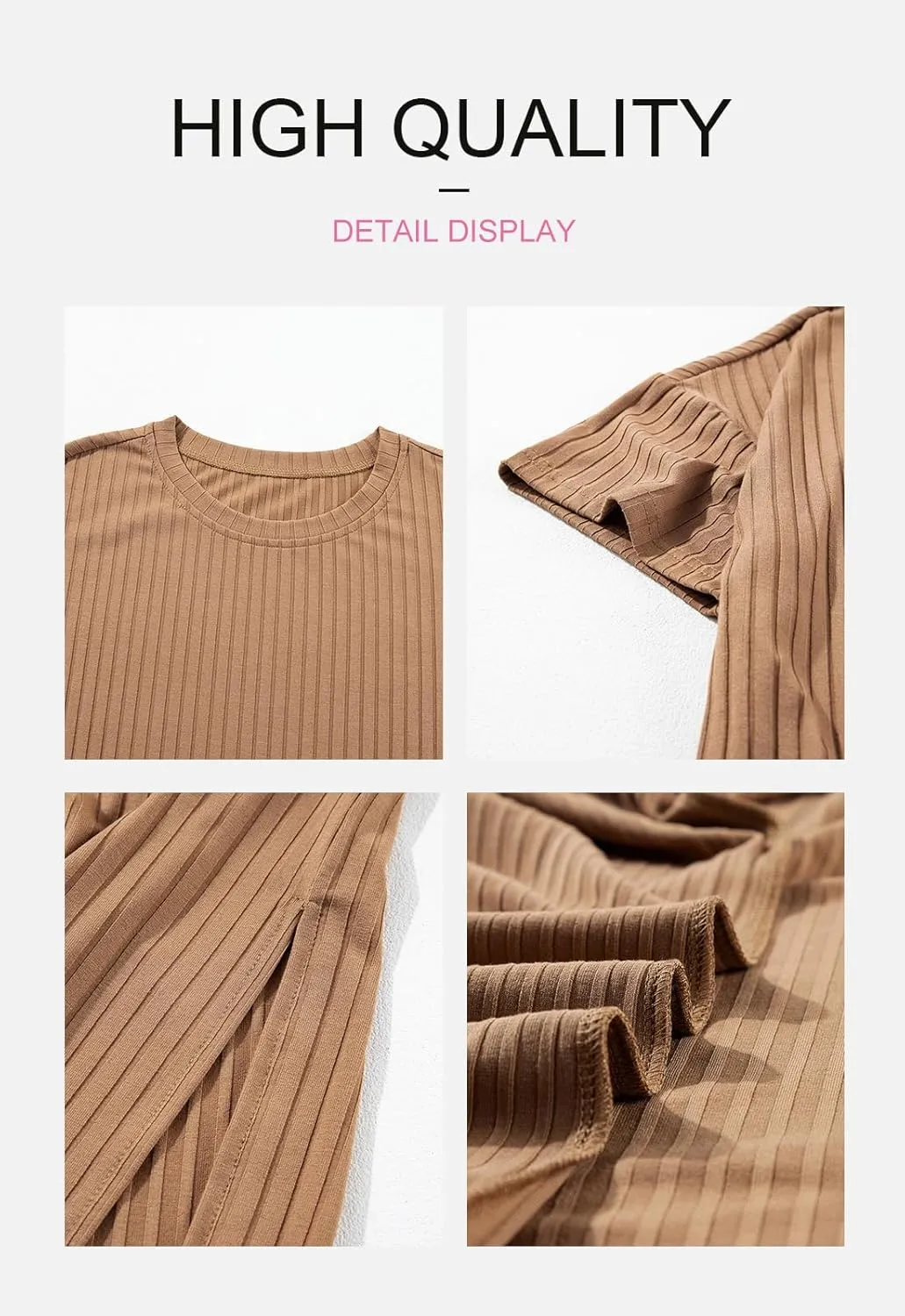 BLENCOT Womens Casual Summer Round Neck Midi Long Dress Short Sleeve Simple Side Split Solid Color Texture Beach Dress