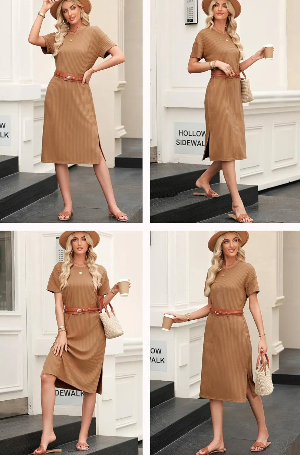 BLENCOT Womens Casual Summer Round Neck Midi Long Dress Short Sleeve Simple Side Split Solid Color Texture Beach Dress