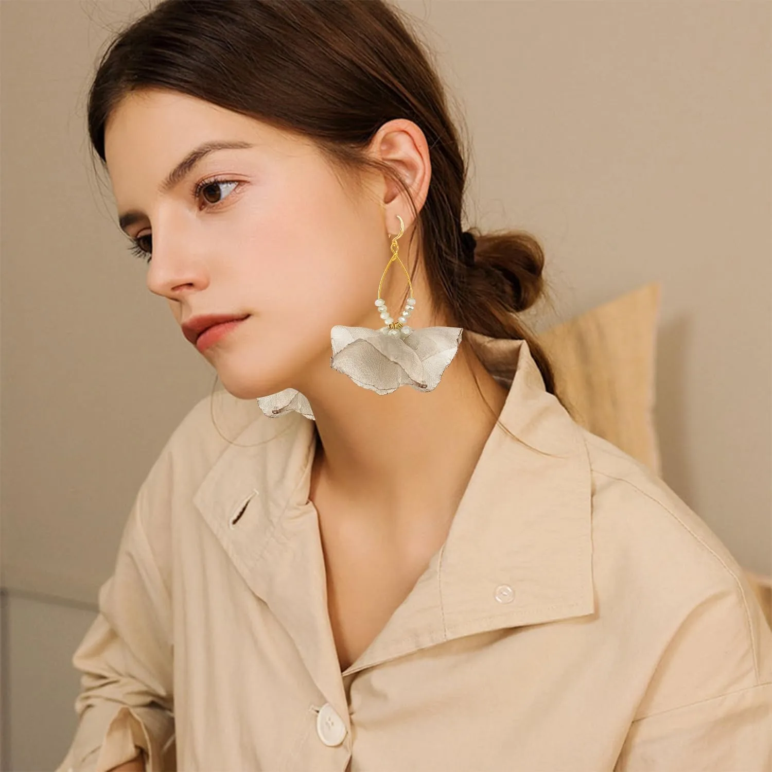 Bohemian Aesthetic Fabric Flower Geometry Hollow Lightweight Dangle Drop Earrings Unique Beaded Leaf Hook Earrings For Women Jewelry Gifts