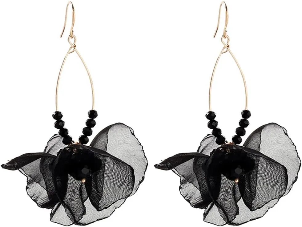 Bohemian Flower Earrings for Women Handmade Long Tassel Fabric Flower Earrings Chiffon Petal Statement Earrings Exaggerated Big Unique Boho Blossom Crystal Flower Earrings Summer Beach Jewelry