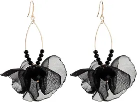 Bohemian Flower Earrings for Women Handmade Long Tassel Fabric Flower Earrings Chiffon Petal Statement Earrings Exaggerated Big Unique Boho Blossom Crystal Flower Earrings Summer Beach Jewelry