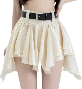 Casual Women's Mini Skirt Fashion Y2K High Waist A Line Irregular Pleated Hem Flowy Skirt with Lining