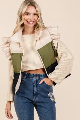 Color Block Ruffle Trim Puffer Vest