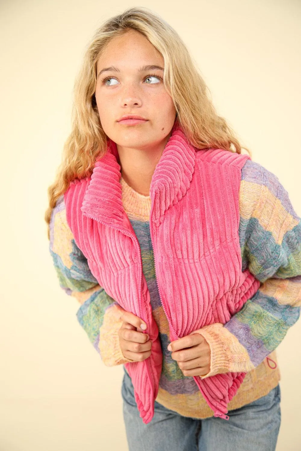 Corduroy Puffer Vest VERY J Zip Up Padded Sleeveless