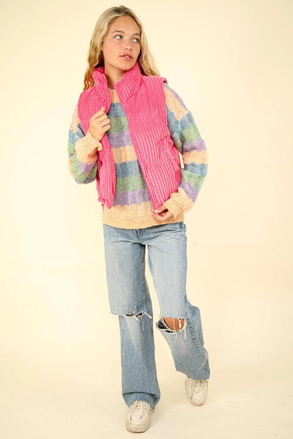 Corduroy Puffer Vest VERY J Zip Up Padded Sleeveless