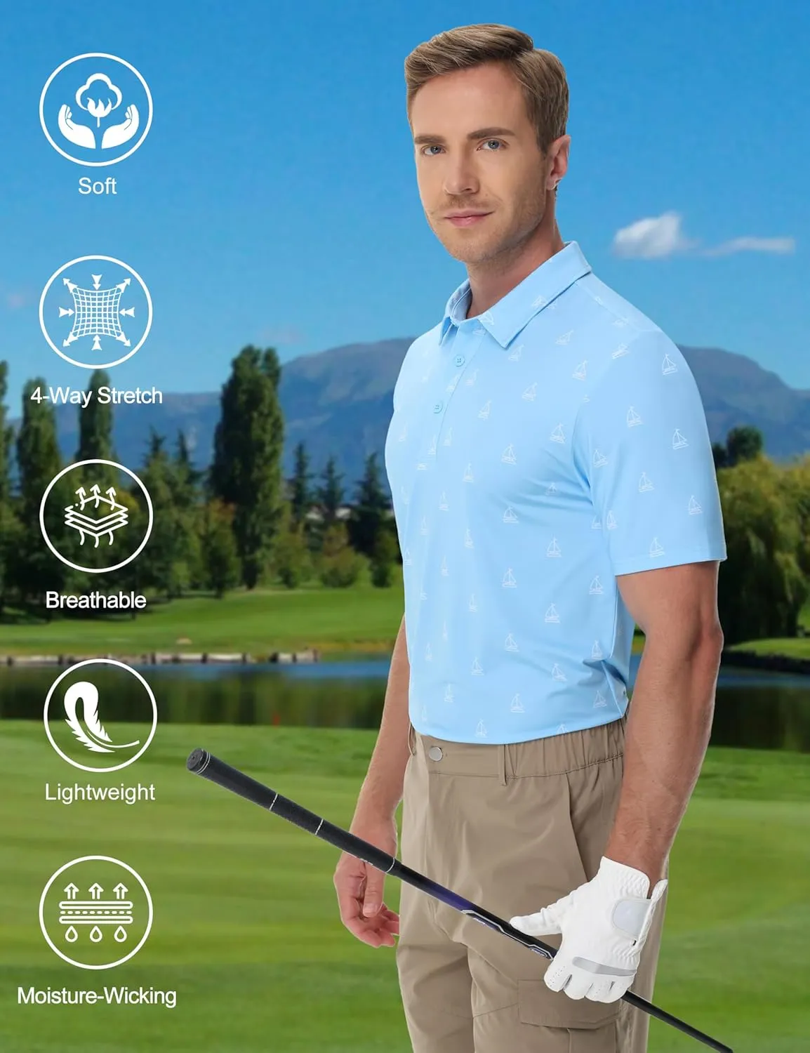 Cotrasen Mens Polo Golf Shirts Moisture Wicking Performance T-Shirts Print Breathable Short Sleeve Polo Shirt for Men