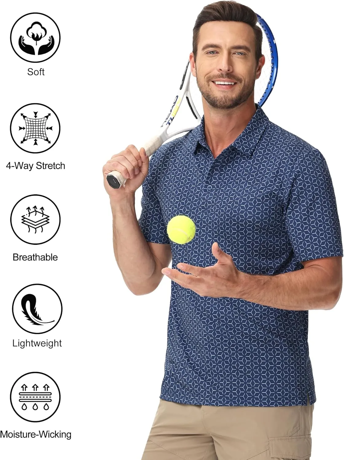 Cotrasen Mens Polo Golf Shirts Moisture Wicking Performance T-Shirts Print Breathable Short Sleeve Polo Shirt for Men