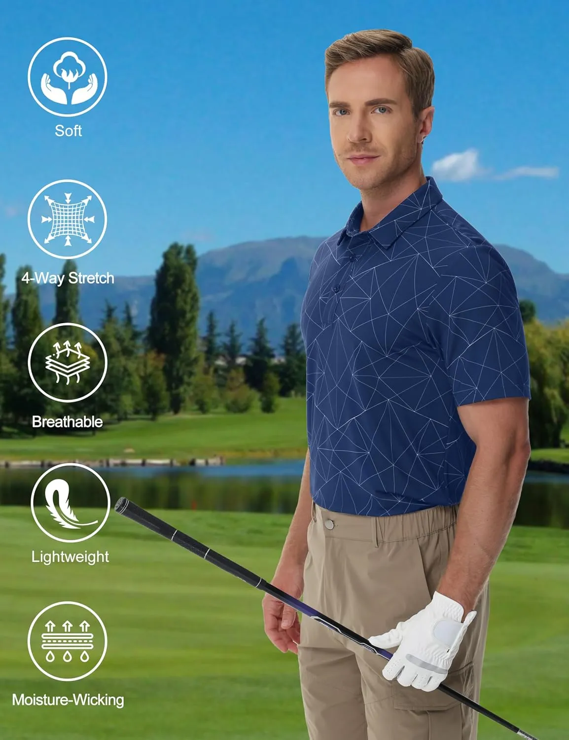 Cotrasen Mens Polo Golf Shirts Moisture Wicking Performance T-Shirts Print Breathable Short Sleeve Polo Shirt for Men