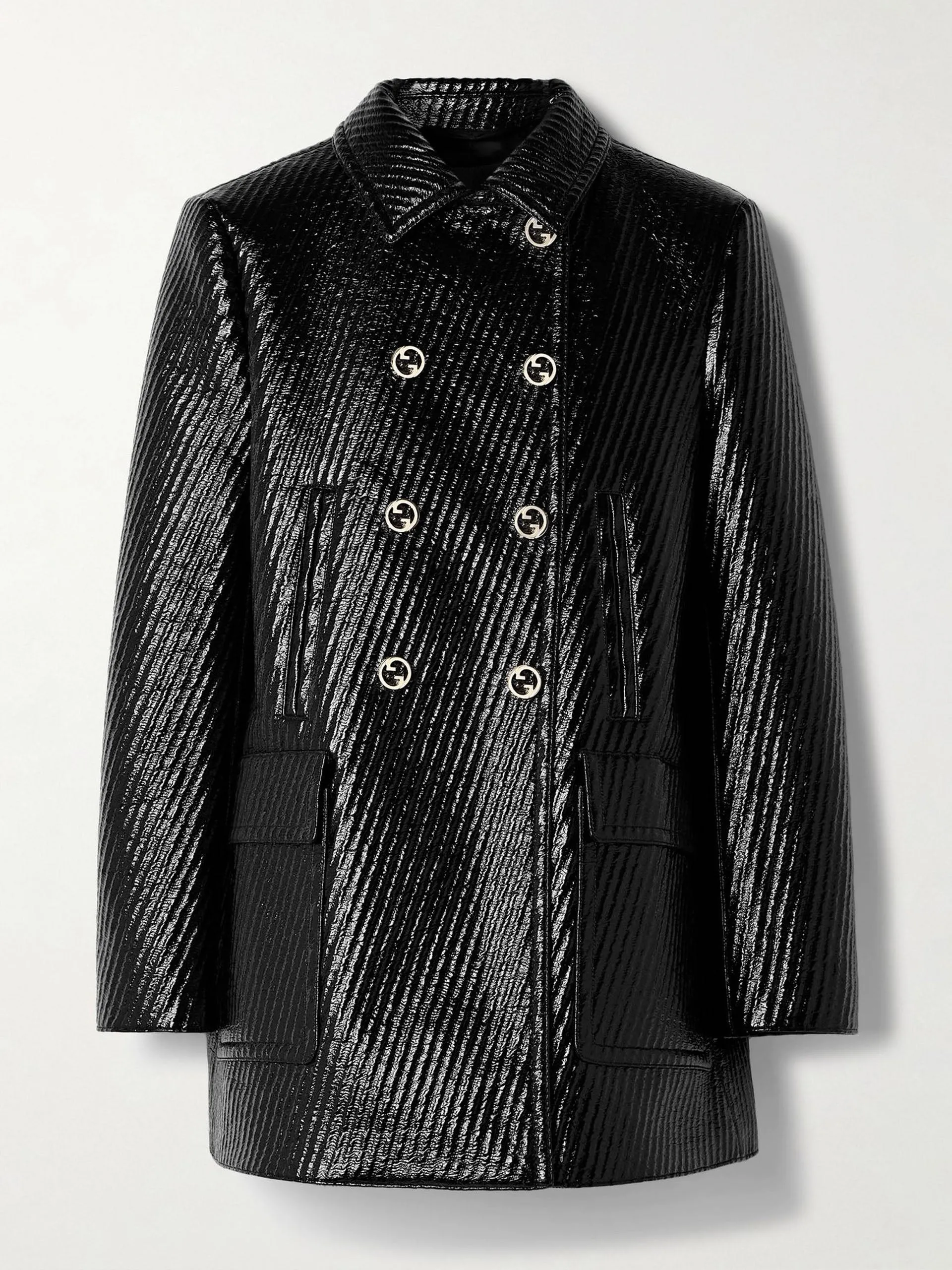Double-breasted quilted coated wool-blend jacket