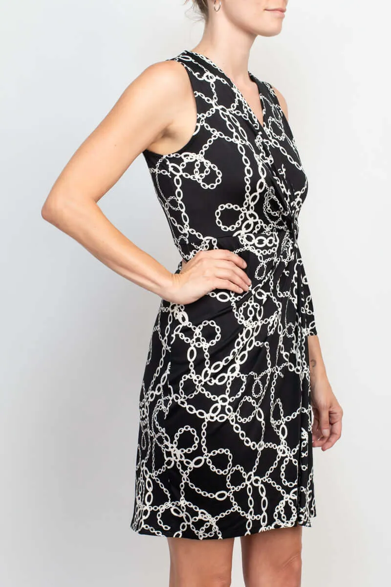 Emma & Michele V-Neck Sleeveless Faux Tie Front Chain Print Short ITY Dress