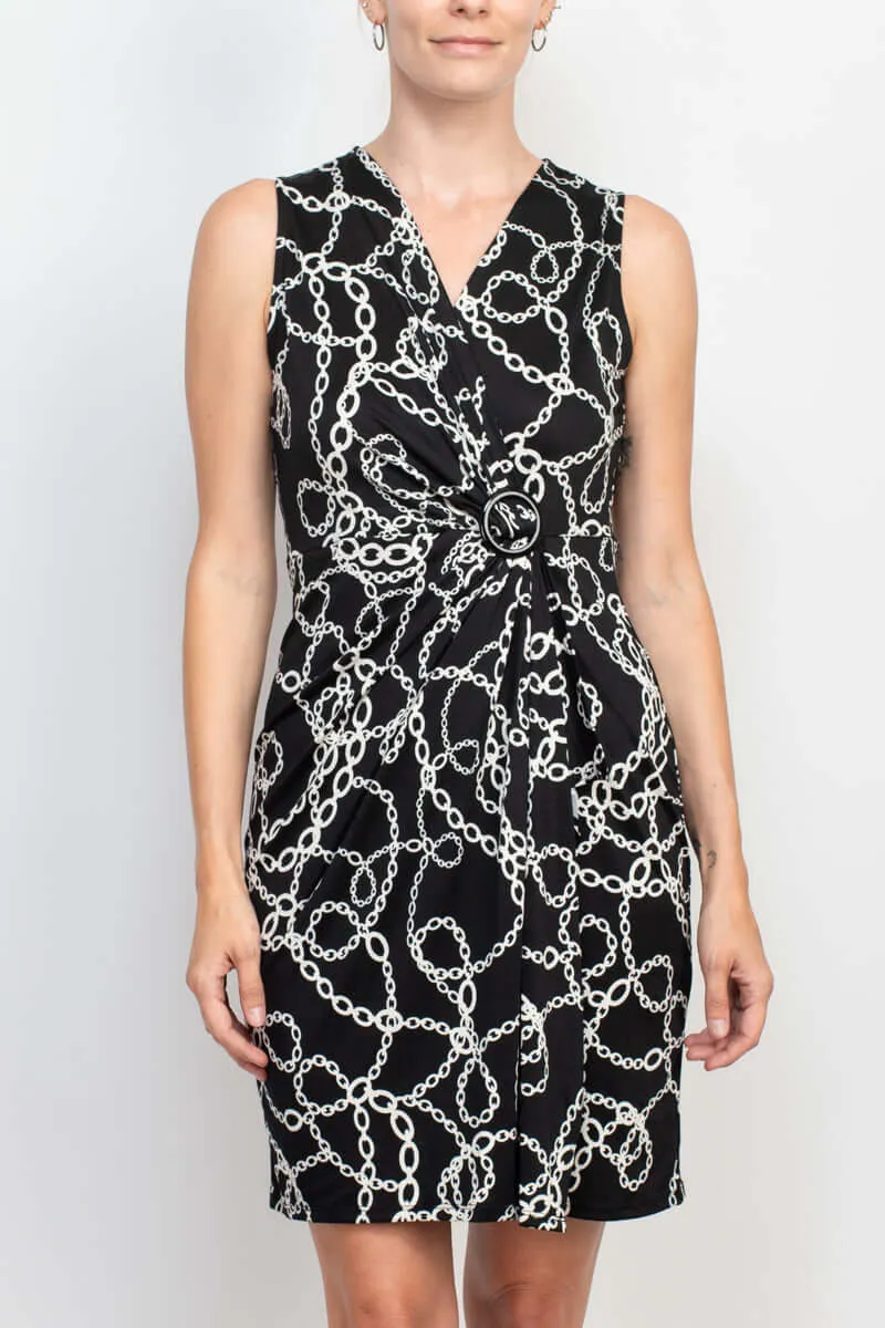 Emma & Michele V-Neck Sleeveless Faux Tie Front Chain Print Short ITY Dress