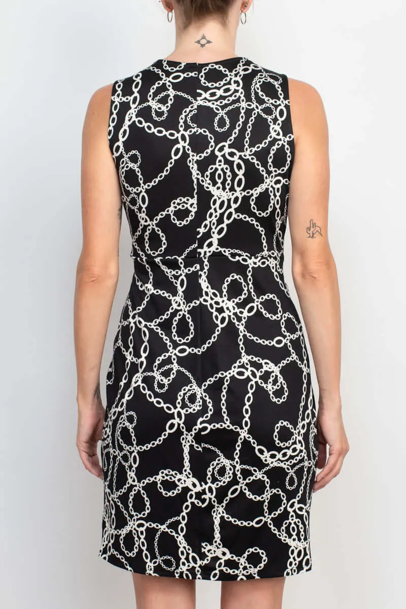 Emma & Michele V-Neck Sleeveless Faux Tie Front Chain Print Short ITY Dress