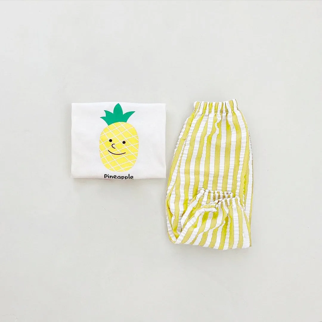 Fruit Print Sleeveless Tee & Striped Cotton Pants/Shorts
