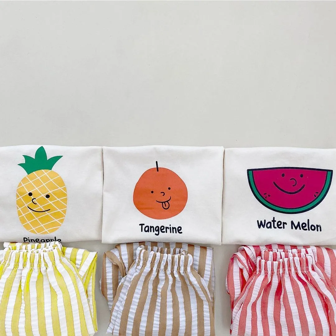 Fruit Print Sleeveless Tee & Striped Cotton Pants/Shorts