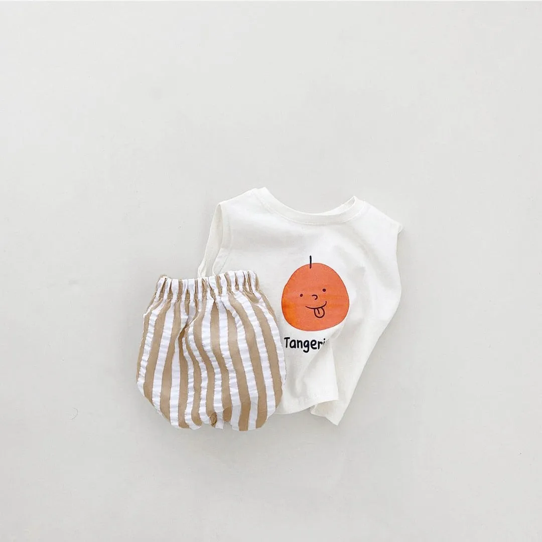 Fruit Print Sleeveless Tee & Striped Cotton Pants/Shorts