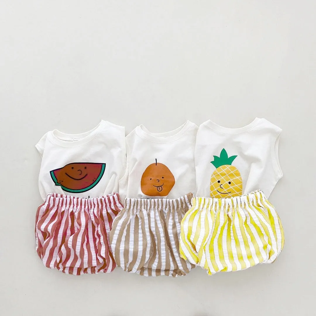 Fruit Print Sleeveless Tee & Striped Cotton Pants/Shorts