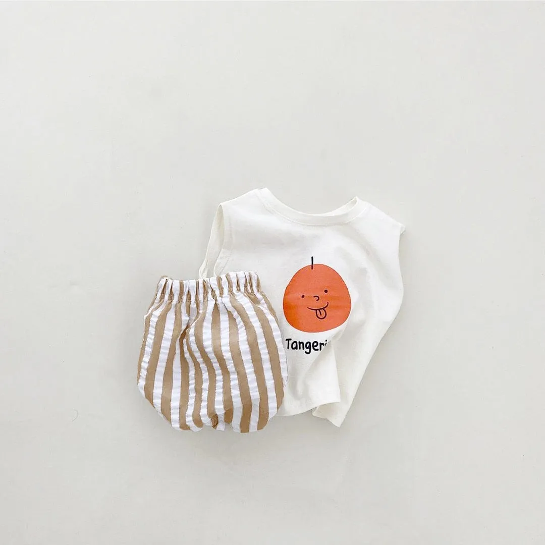 Fruit Print Sleeveless Tee & Striped Cotton Pants/Shorts