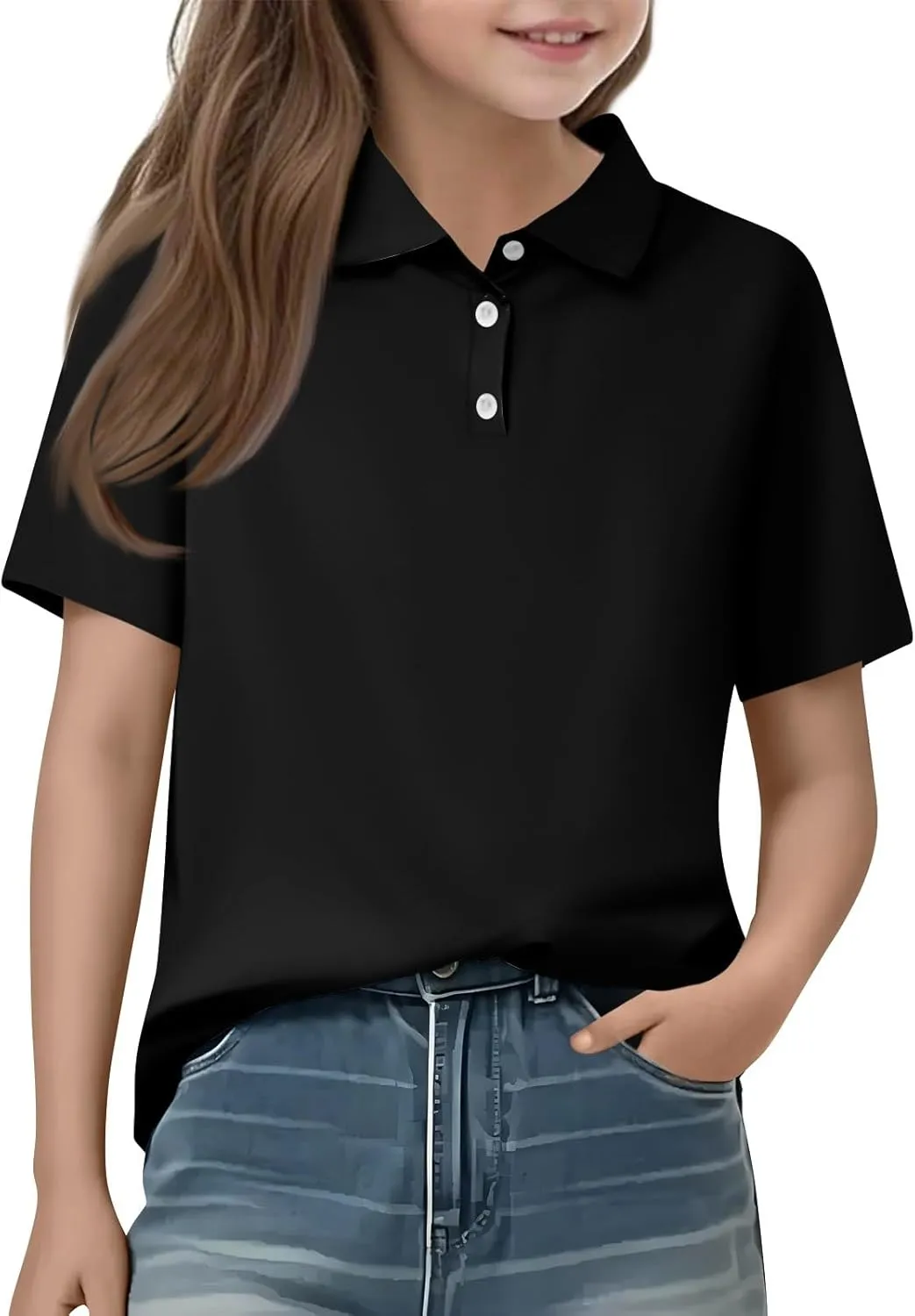 Girls' School Uniform Short Sleeve Polo Shirt Button Closure Shirts
