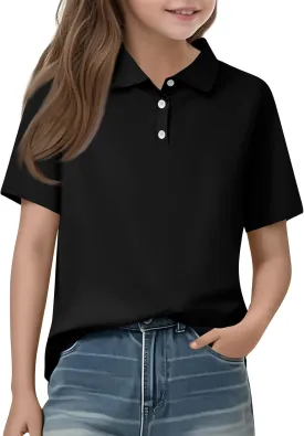 Girls' School Uniform Short Sleeve Polo Shirt Button Closure Shirts