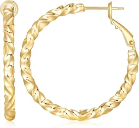 Gold Earrings 14K Gold Hoop Earrings for Women Trendy Soft Wave-Like Texture Large Thin Hoop Earring for Woman 35mm