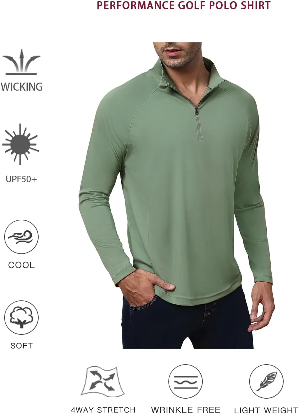 Golf Shirts for Men - Long Sleeve Performance Solid Moisture Wicking Polo Shirt with Zipper