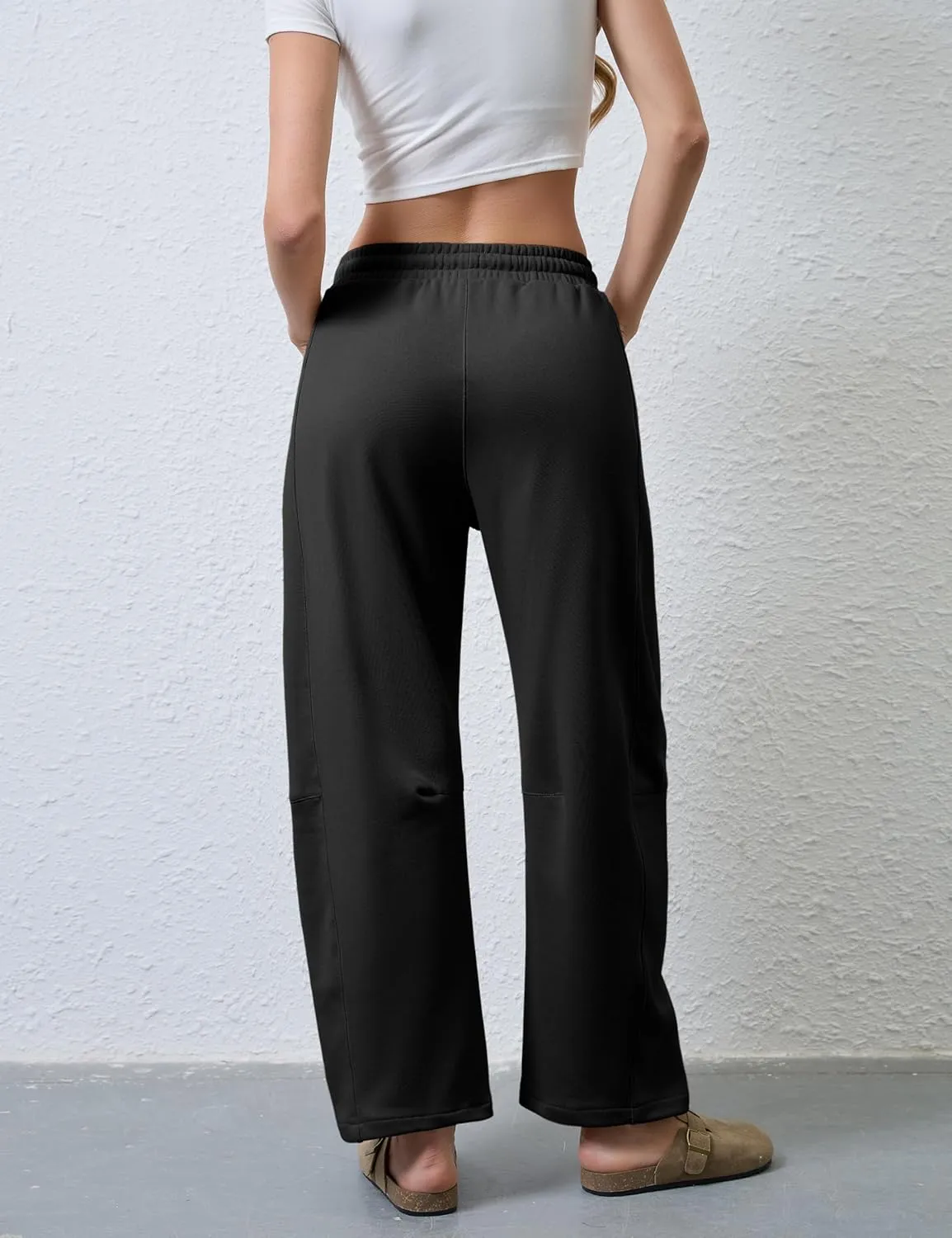 Hongsui Women's Barrel Leg Pants Elasticated Waistband Soft Wide Leg Pants with Pockets Casual Sweatpants