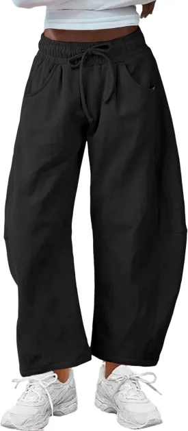 Hongsui Women's Barrel Leg Pants Elasticated Waistband Soft Wide Leg Pants with Pockets Casual Sweatpants