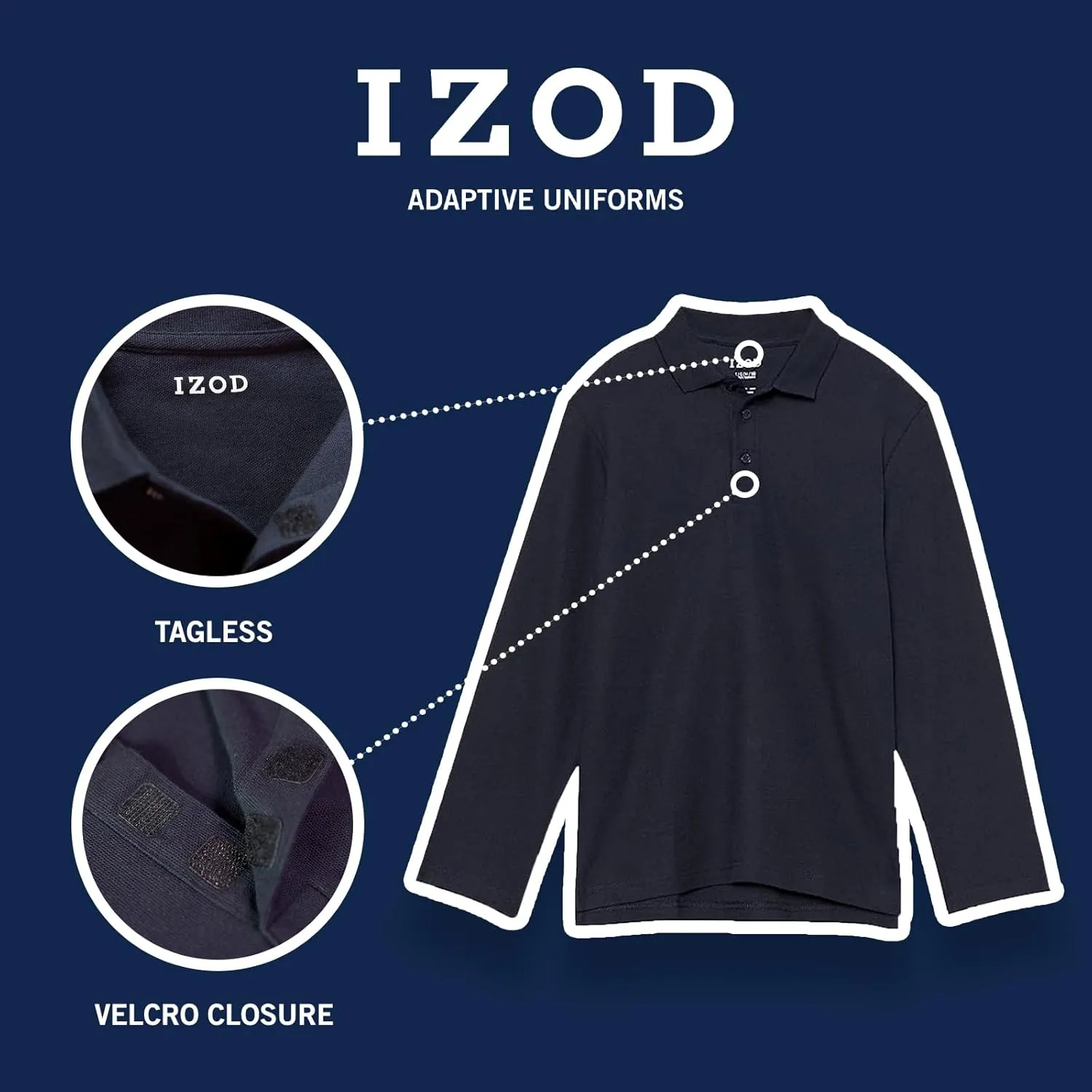 IZOD Boys' School Uniform Adaptive Long Sleeve Polo Shirt, Velcro Closure & Faux Buttons, Comfortable Pique Fabric