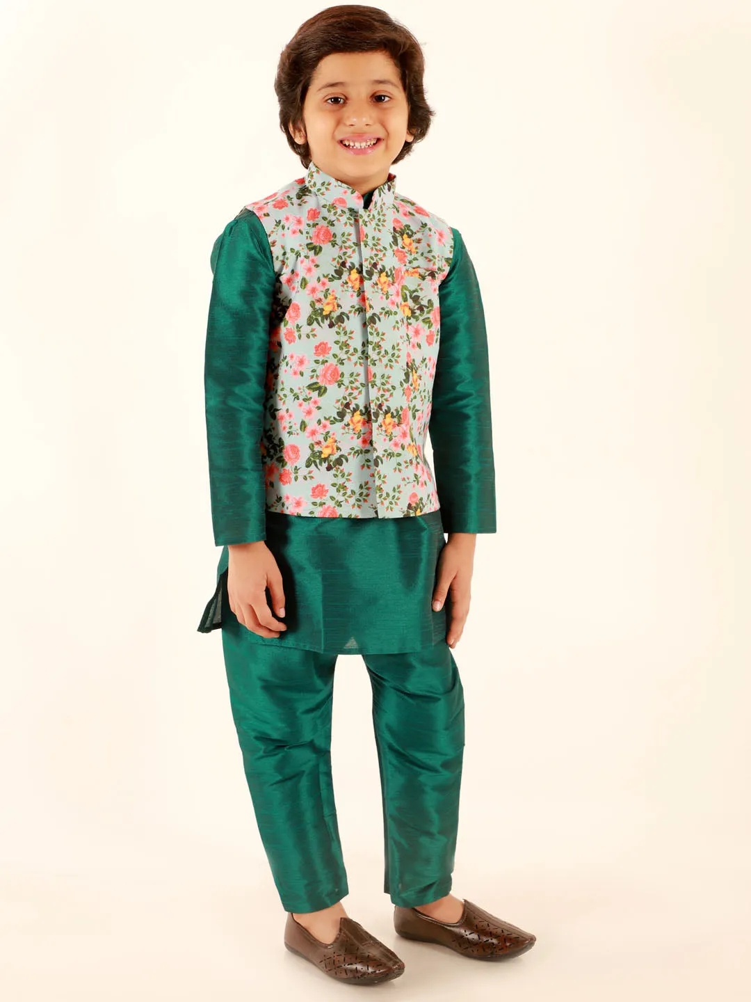 Jashvi Boys Aqua Floral Printed Nehru Jacket
