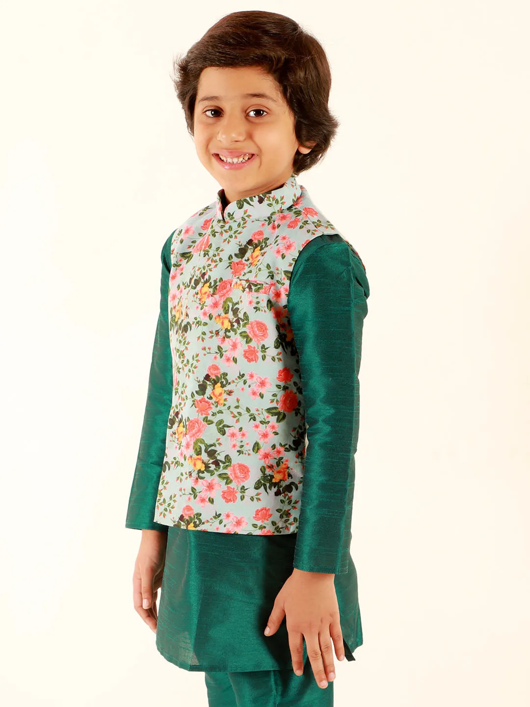 Jashvi Boys Aqua Floral Printed Nehru Jacket