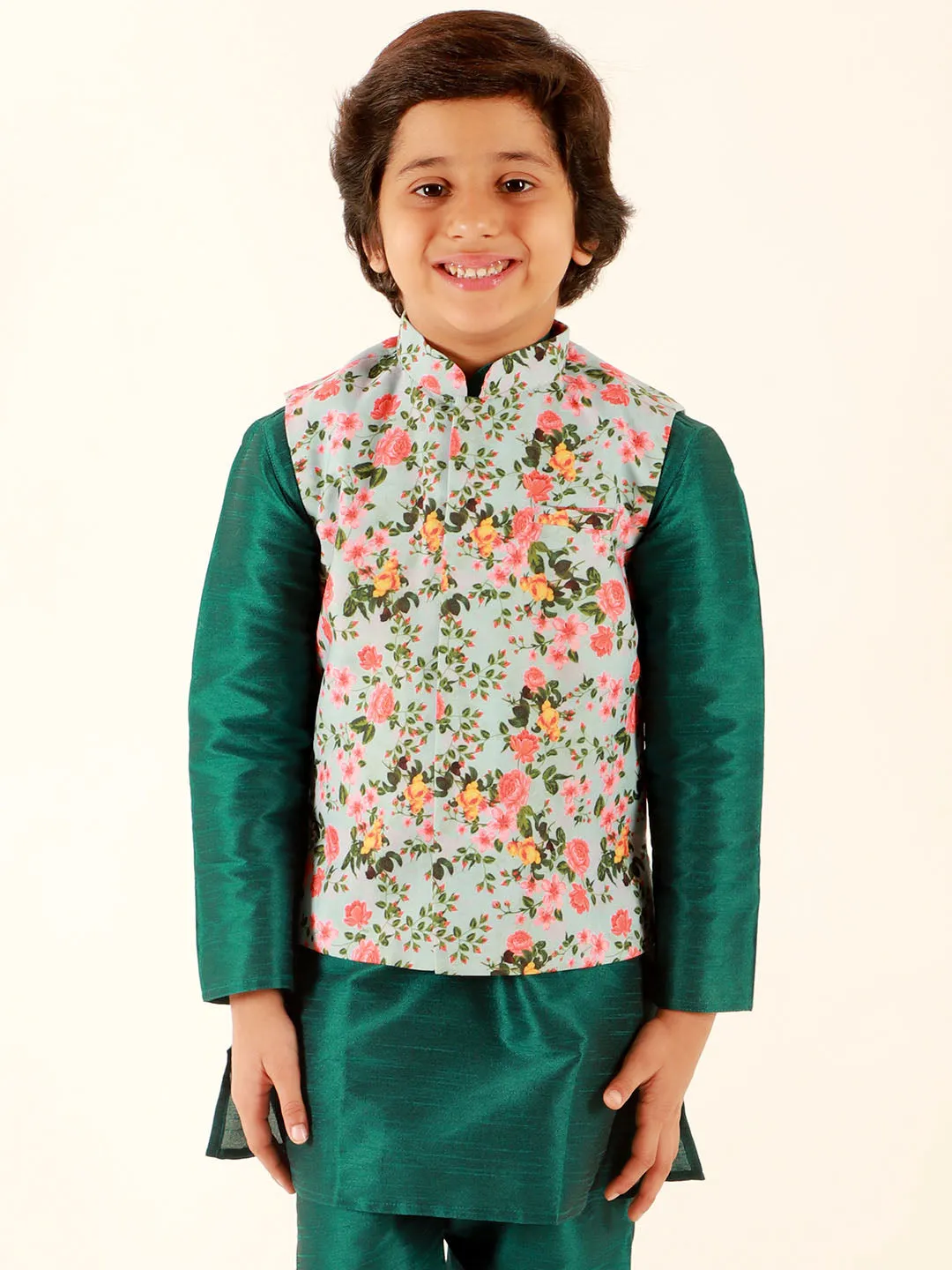 Jashvi Boys Aqua Floral Printed Nehru Jacket