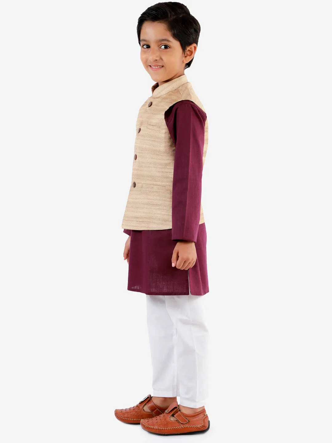 Jashvi Boys Beige, Purple And White Jacket, Kurta and Pyjama Set