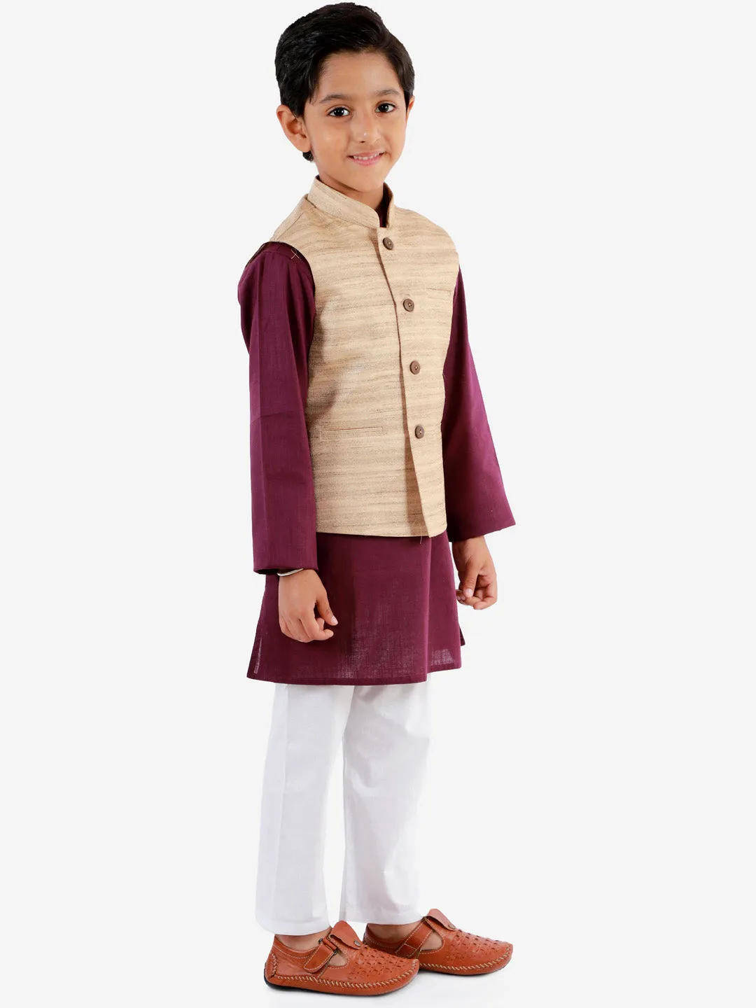 Jashvi Boys Beige, Purple And White Jacket, Kurta and Pyjama Set