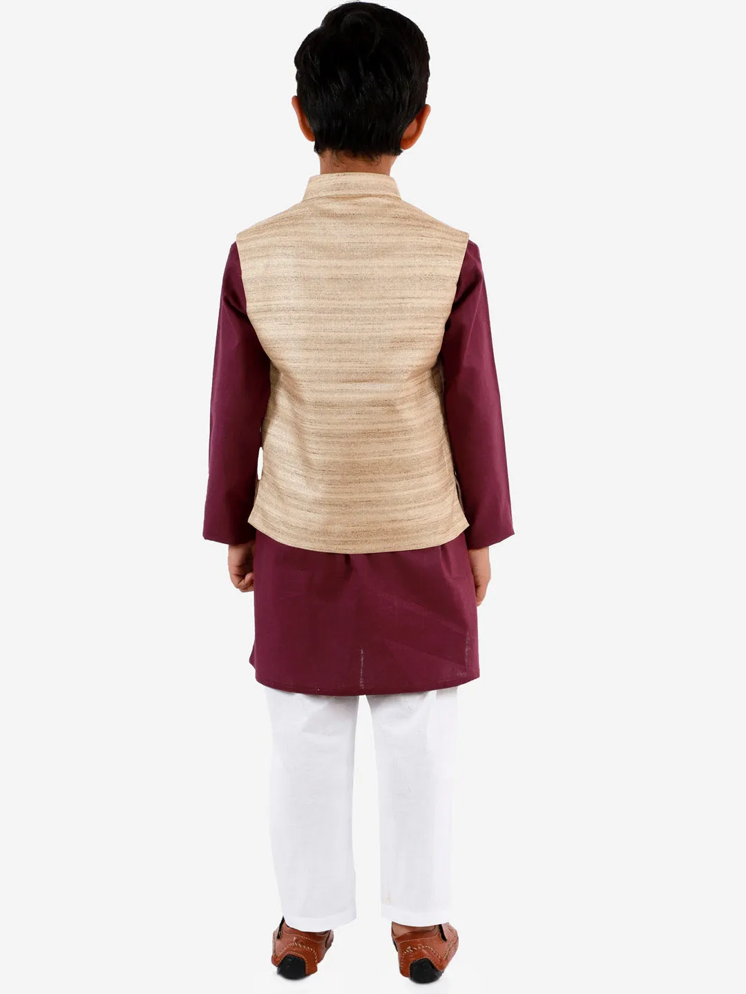 Jashvi Boys Beige, Purple And White Jacket, Kurta and Pyjama Set